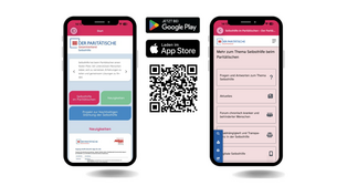 Smartphone Ansicht der App, daneben ist der QR-Code zur App