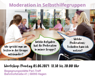 Fotoausschnitt Moderation in Selbsthilfegruppen. Eine Gruppe von Frauen und Männern sitzt um einen Tisch. Inhalt siehe barrierearme PDF.