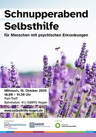Lavendelfeld mit einer einzelnen Biene im Bild. Darüber steht Schnupperabend Selbsthilfe.